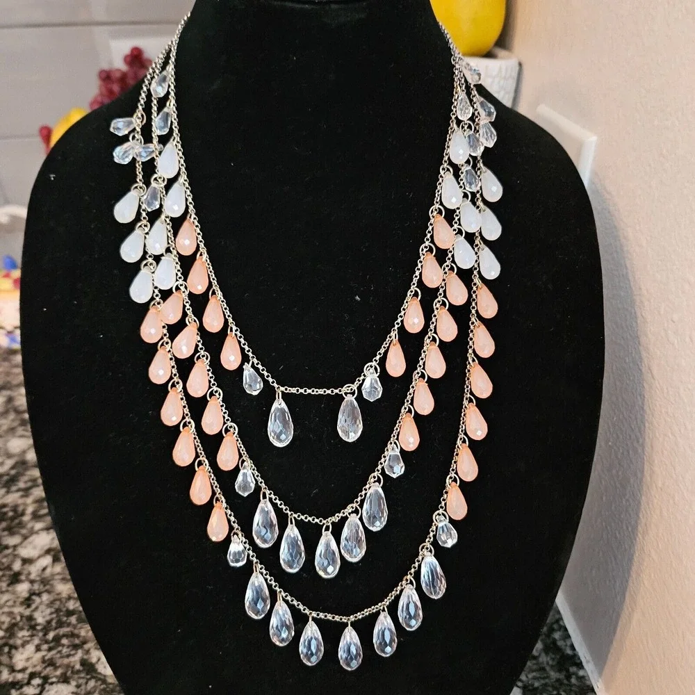 Multi Strand Dangle‎ Bib Necklace Goldtone Peach, Clear, & milk acrylicBeads